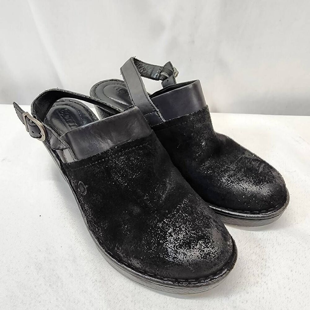 Born Women's 8 Black Leather Suede Clog Mules Slingback Chunky Heel Shoes